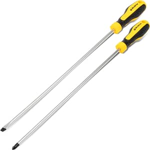 BLOSTM Long Reach Screwdrivers 2 Pack - Long Screwdriver Set includes Pozidrive and Flat Head Screwdrivers Made of Long-Lasting Chrome Vanadium Steel, with Magnetic Tips and Ergonomic Handles - 300mm