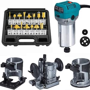 Woodworking Router with Trimmer Base, Tilt Base & Plunge Base - Compact Palm Router Multifunctional Kit + 15pcs 1/4" Router Bits, Electric Hand Laminate Trimmer Set Wood Routing Trimming