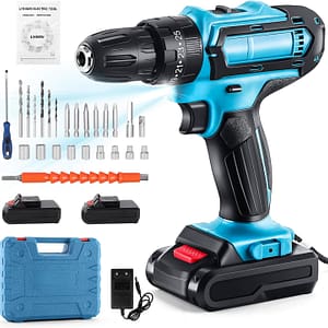 21V Cordless Drill Driver Set, Electric Drill Cordless, Power Hammer Drill with 2 Batteries 2000mAh, 65N.m Max, 25+3 Torque, 2 Speed, LED Light, for Home and Garden DIY Tools Project