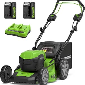 Greenworks 48V (2x24V) Self Propelled Cordless Lawnmower for Large Lawns up to 480m2, 46cm Cutting Width, 55LBag PLUS Two 4Ah Batteries and Twin Charger, 3 Year Guarantee GD24X2LM46SPK4X