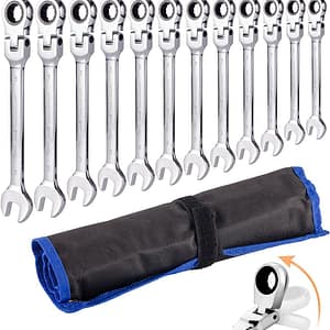 Qnkaa Ratchet Spanner Set 12pcs Metric Flexible Combination Wrench with Gear Ring Open-end Box-end Flex Flexi Head DIY Hand Tools Kit in Roll Bag 8-19mm