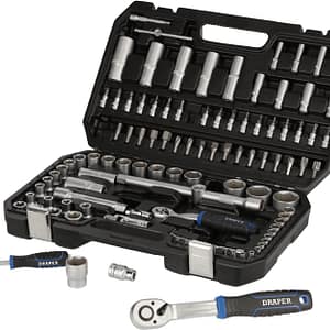 Draper 108 Piece HI-TORQ Socket Set - 21536 - Metric 1/4" and 1/2" Sq Dr Satin Chrome Tool Kit