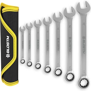 BLOSTM Ratcheting Combination Wrench Spanner Set - 7-Piece Metric Ratchet Spanner Set (8mm to 17mm), Combination Spanner Set for DIY, Car & Bike Repairs - includes Roll-Up Storage Pouch 7 PCS