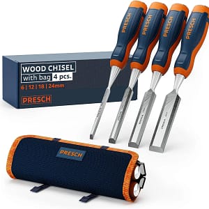 Presch chisel set for wood 4 pc. with bag - Sharp chisel set (6, 12, 18, 24mm) - Professional firmer chisel set with 25° angle - Finished ground wood chisel
