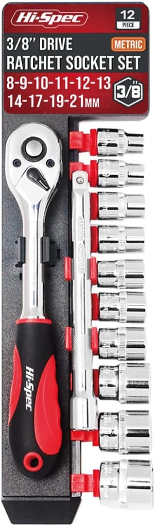 Hi-Spec 12pc Metric Socket Set with Ratchet Wrench & Extension Bar - 3/8" Drive, 8-21mm for Home DIY and Car Garage Mechanic - Rust Resistant Chrome Electroplating