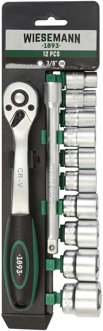 Socket wrench set 12 pcs with 3/8" ratchet, 10mm - 24mm hexagon bit inserts and extension 150mm chrome vanadium steel with holder from WIESEMANN 1893 I 80133