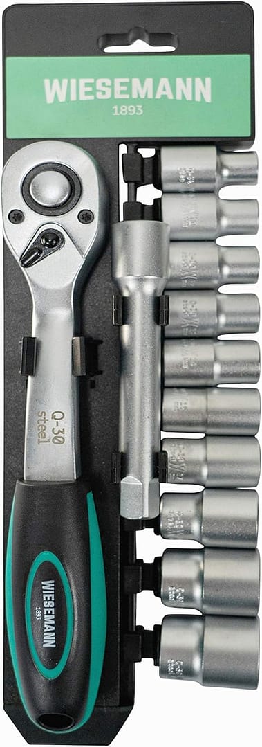 WIESEMANN 1893 Socket wrench set 12 pcs with 1/2" ratchet, 10mm - 24mm hexagon bit inserts and extension 125mm chrome vanadium steel with holder from I 80065