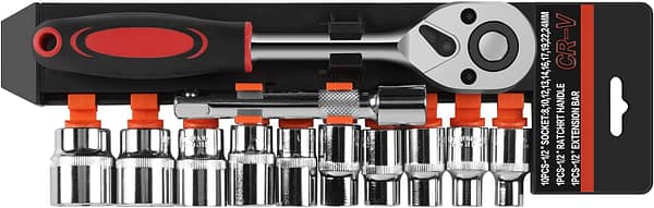 LONENESSL Metric 1/2'' Drive Socket Set, 12pcs Ratchet Wrench Tool Set, 10pcs 10-24mm Metric Driver with 5'' Extension Bar and 1/2'' Quick Release Ratchet Wrench(Plastic Frame)