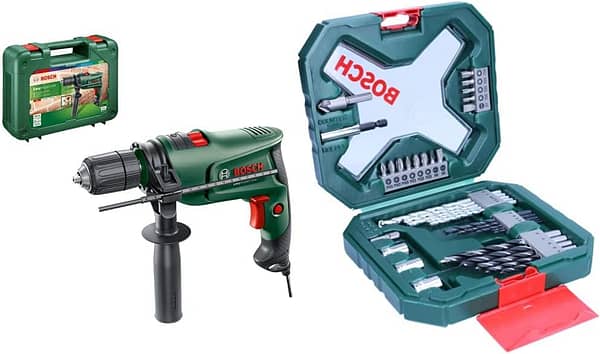 Bosch Electric Combi Drill EasyImpact 600 (600 W, in Carrying Case) & 34pc. X-Line Drill and Screwdriver Bit Set (for Wood, Masonary and Metal, Accessories Drill and Screwdriver)