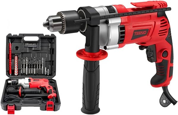 TEENO Impact Drill,Cordless Impact Driver,910W, 0-3000RPM Corded Percussion Drill with with 38 Accessories,360° Rotary Handle,Variable Speed, Perforator Chuck Size 0-13mm, Brick, Wood, Steel