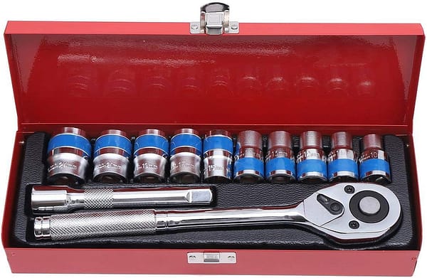 KATSU 1/2 Inch Socket Set 12Cs, 10-24mm in Steel Case Metric Drive with 24-Teeth Quick-Released Ratchet Wrench and 5" Extension Bar, High Grade Chrome Vanadium Steel, Auto Repairing Garage Tool