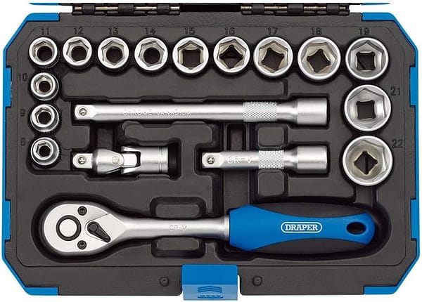 Draper Expert 18 Piece Metric Socket Set | Ratchet Tool and Case | 3/8" Square Drive | HI-TORQ MM/AF Sockets | DIY Home Professional and Car Kit |Hand Tools | 16359