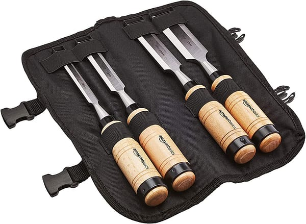 Amazon Basics 4-Piece Sturdy Chrome Vanadium Steel Woodworking Wood Chisel Set – 1/2 Inch (13mm) to 1-1/4 Inch (32mm), Wooden Handles with Carry Pouch