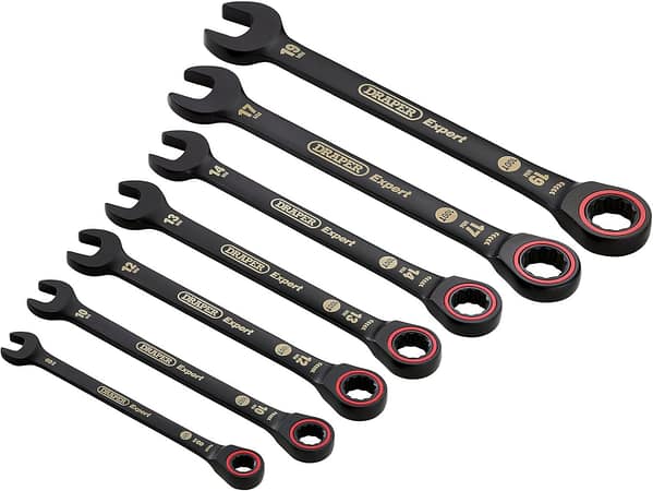 Draper 03895 Expert HI-TORQ Metric Ratchet Combination Spanner Set, Black (7 Piece)