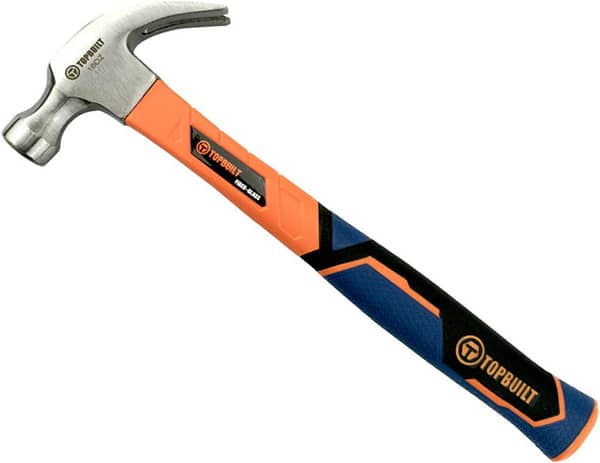 T TOPBUILT 16oz Curved Claw Hammer， Forged Steel and Fiberglass Shock Resistant Non Slip Handle 65025