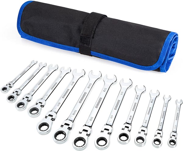SORAKO Ratchet Spanner Set 12pcs, Flexible Combination Wrench 8-19 mm, Flex-Head Spanner Sets Combination Spanner in Roll Bag for Car Repairing, Industrial Maintenance