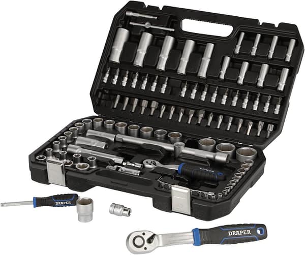 Draper 108 Piece HI-TORQ Socket Set - 21536 - Metric 1/4" and 1/2" Sq Dr Satin Chrome Tool Kit