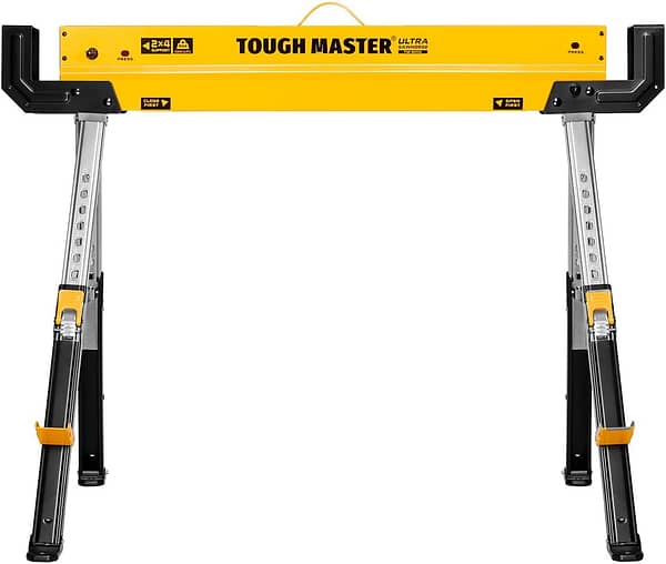 TOUGH MASTER Saw Horse 9-Position Height Adjustable Heavy Duty Steel Workbench 62-82cm Supports up to 590 kg Folding Saw with Anti-Slip Top & Handle Sawhorse for Contractors, Carpenters, DIY