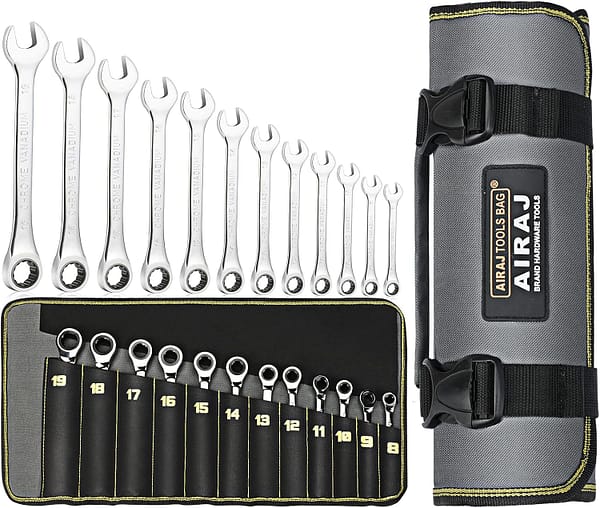 AIRAJ 12-Piece Ratchet Spanner Set (8-19 mm) Professional Metric Standard Kit Chrome-Plated Transport Bag Open-End Spanner Ratchet Designed for Skilled Craftsmen