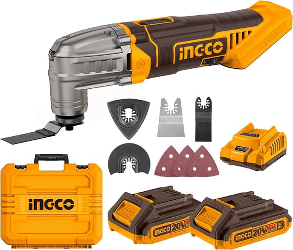 INGCO Cordless Multi Tool 5000-20000 RPM, 6 Variable Speed, 3.2° Oscillation Angle, 20V Oscillating Multi-Tool with 2Pcs 2.0Ah Battery and Charger for Sawing, Cutting, Sanding