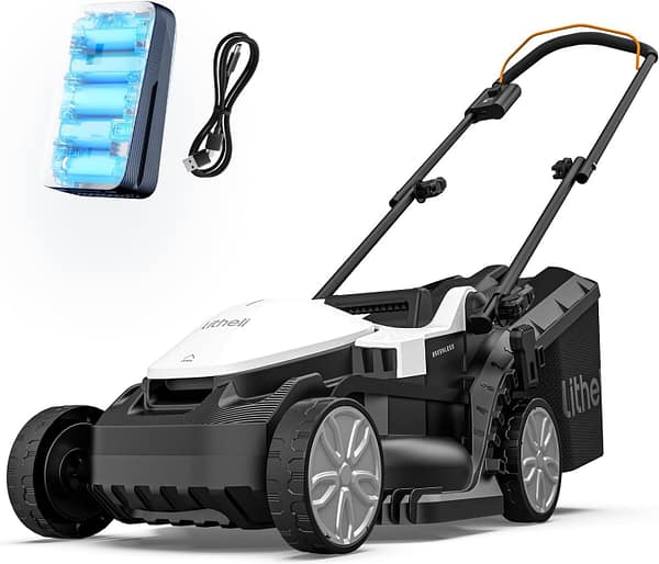 Litheli Cordless Lawn Mower, 33 cm Cutting Width, Brushless Motor, 5 Heights Adjustment, 30L Grass Box, 20V Foldable Lightweight battery lawnmower for Lawns up to 300㎡, Incl. 4Ah Battery