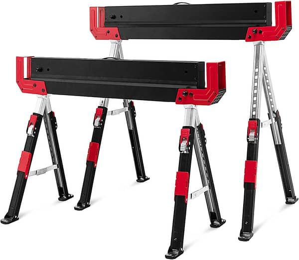 TANGZON Twin Pack Folding Saw Horse, 9-Position Height Adjustable Heavy Duty 2PCS Workbench Metal Trestle Stands with Anti-Slip PVC Top & Handle, Portable Sawhorse Pair, Supports Up to 1180 kg