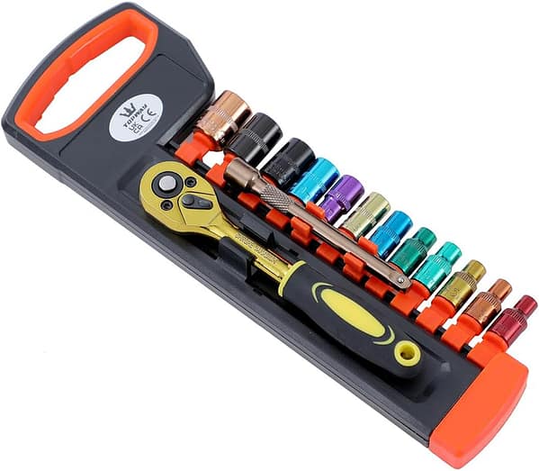 TOPWAY 1/4 Inch Socket Set 14PCs 4-13mm Metric with 24-Teeth Quick-Released Ratchet Wrench and 6" Extension Bar, Chrome Vanadium Steel, Multicolour, Auto Repairing Garage Tool