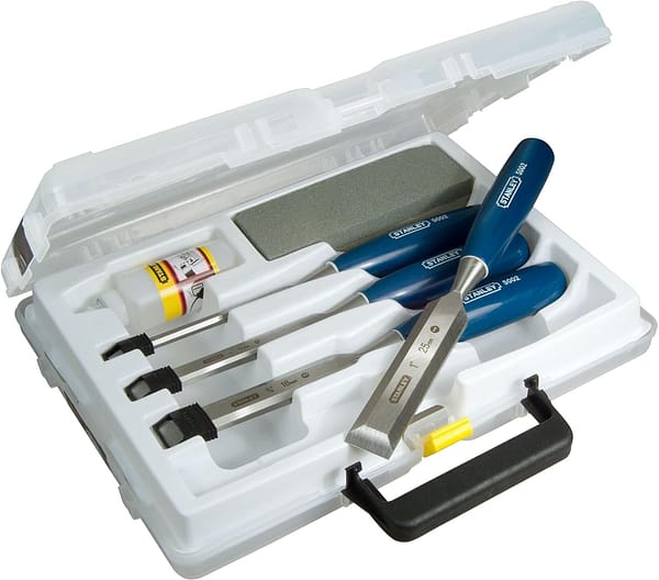 STANLEY 4 Piece Chisel Set Includes 6 12 18 25 mm High Carbon Steel Blade Chisels with Sharpening Stone and Oil 0-16-130 Multicolor