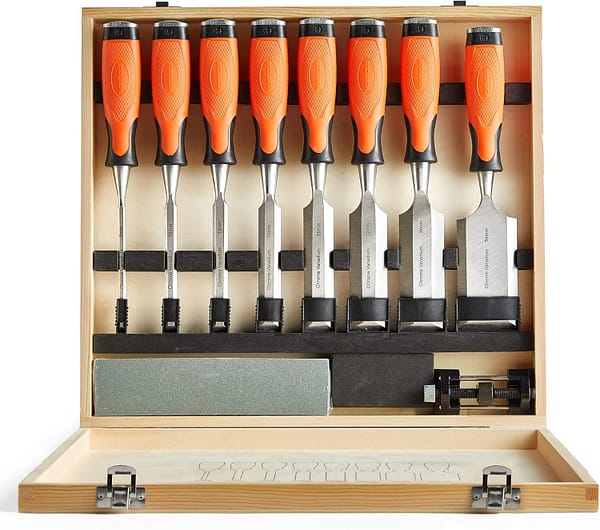 VonHaus Chisel Set - 10pcs Woodworking Tools Set - Wood Carving Tools, Wood Chisel Sets with Sharpening Stone, Honing Guide and Storage Case