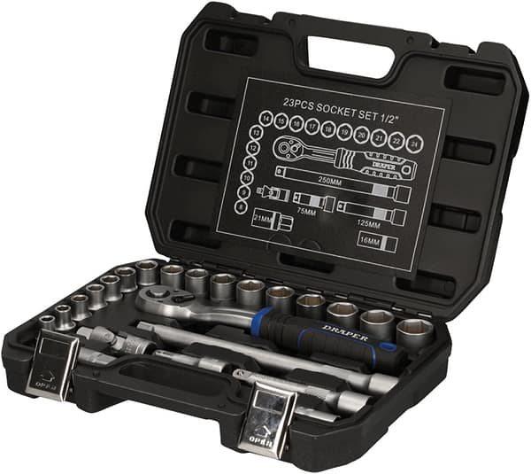 Draper 23 Piece HI-TORQ Socket Set - 21442 - 1/2" Sq Dr Metric Satin Chrome Tool Kit