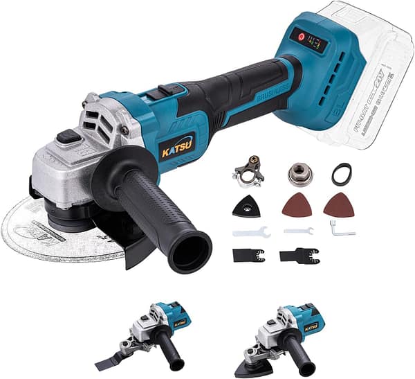 KATSU FIT-BAT 21V Brushless Cordless Angle Grinder 115mm 125mm with Oscillating Multi Tool Adapter Attachment Kits for Grinding Cutting Polishing, No Battery and Charger 102617