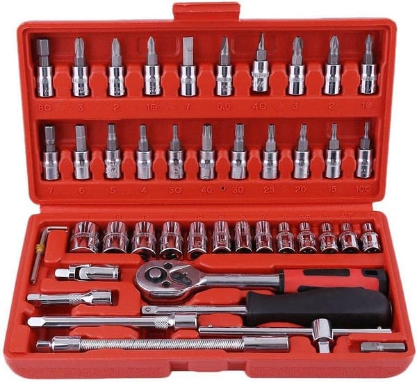 46 Piece 1/4" Drive Socket Wrench Driver Bits Metric Set Flexible Extension Rods with 72 Teeth Reversible Ratchet Spanner for Car Bicycle Motor