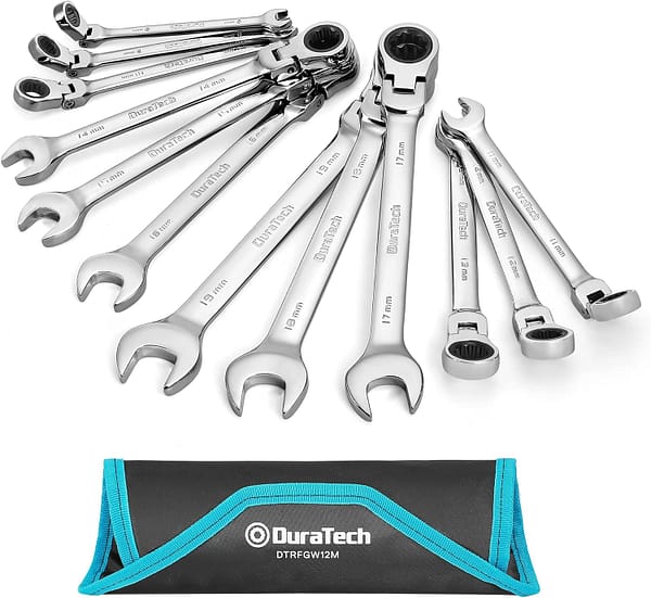 DURATECH Flex-Head Ratchet Spanner Set, 12-Piece Combination Wrench Set with 72 Tooth Ratchet Gear, Chrome Vanadium Steel, Metric, 8-19mm