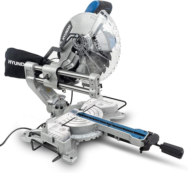 Hyundai 2000W Electric Sliding Power Mitre Saw with 255mm Blade, Laser Guide, Max. Cutting Height of 90mm & 0-45° bevel, Vacuum Attachment Socket, 3m Cable, 3 Year Warranty