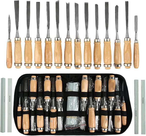 18Pcs Wood Carving Set, 14pcs Wood Carving Tools Manganese Steel + 4pcs Whetstone for Beginners DIY Woodworking Sculpting Whittling with Safety Cap