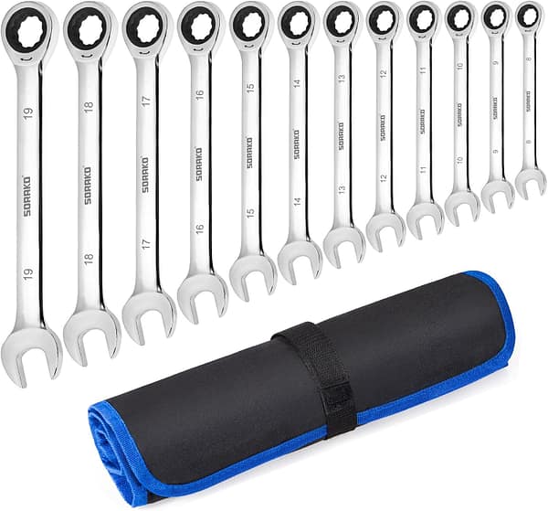 SORAKO Ratchet Spanner Set, 12PC Spanner Sets Combination Spanner Fixed Head Combination Wrench, 72 Tooth Ratchet Gear 8-19 mm, Standard Metric Set