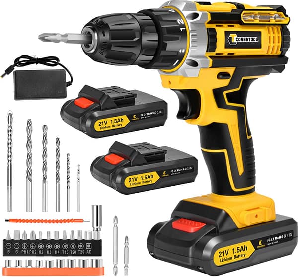 Conentool 21V Cordless Drill Driver Set, Electric Screwdriver with 2X 1500mAh Batteries, 45 N.m Max Combi Drill, 18+1 Torque Power Drills, Cordless Screwdriver with 30PCS Drill Bits
