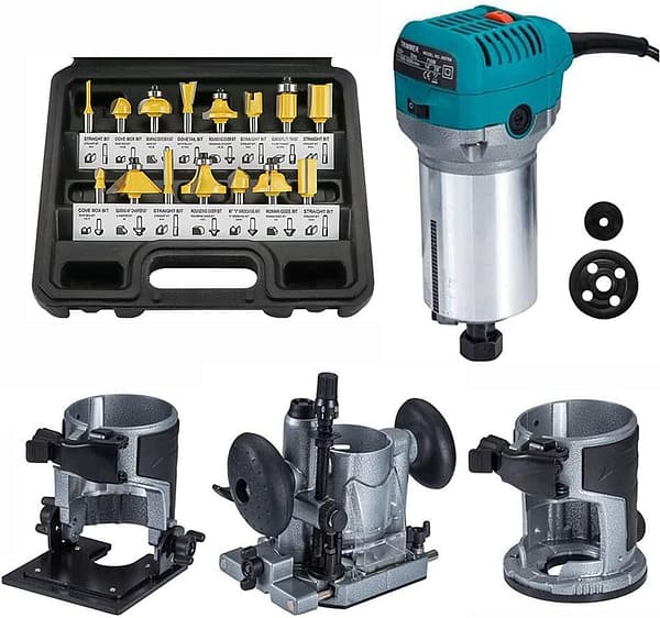 Woodworking Router with Trimmer Base, Tilt Base & Plunge Base - Compact Palm Router Multifunctional Kit + 15pcs 1/4" Router Bits, Electric Hand Laminate Trimmer Set Wood Routing Trimming
