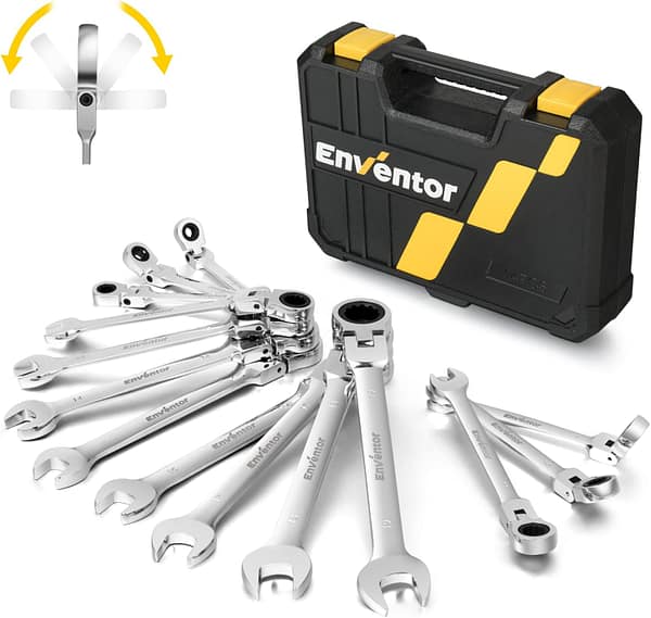 Enventor 14PCS Flex-Head Ratchet Spanner Set - Metric, 6mm to 19mm Ratcheting Combination Wrench Set with Carry Case, Chrome Vanadium Steel - 72-Teeth, 5° Swing Arc