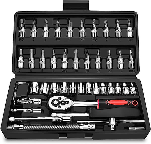 AwmnSrman 46 Pcs Small 1/4 Socket Set - 1/4 Ratchet Set Chrome Plated Tool Box Ratchet and Socket Set Suitable for Working on Bicycles and Cars 1/4 Ratchet