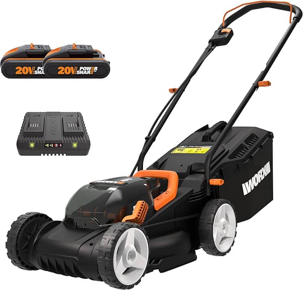 Worx WG779E.2 40V 34cm Cordless Lawn Mower, Petrol-Like Power, Cut-to-Edge Design, Adjustable Height, with 2x2.0Ah Batteries and Charger, Part of PowerShare Range