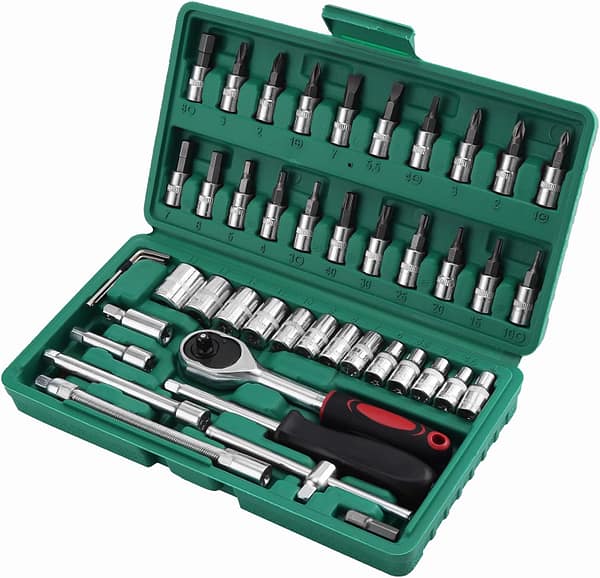 HSEAMALL 46PCS Socket Set, 1/4 Inch Drive Metic Socket Driver Bits Set with Quick-Release Ratchet Wrench,Extension Bars for Car Bicycle Motor