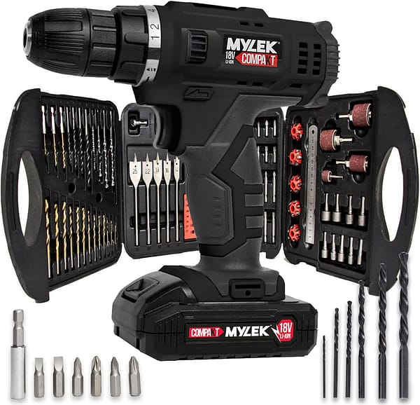 MYLEK 18V Cordless Drill Electric Driver Set, Lithium Ion Battery, 18 Volt Combi Screwdriver Pack, Black, 131 DIY Piece Accessory Kit and Carry Case