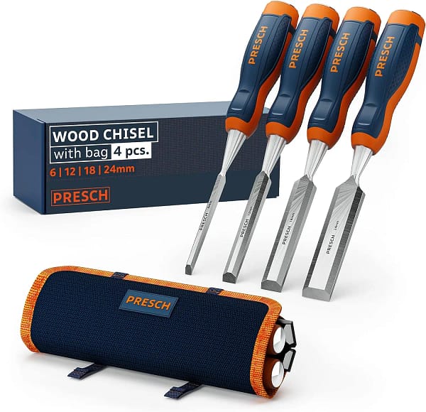 Presch chisel set for wood 4 pc. with bag - Sharp chisel set (6, 12, 18, 24mm) - Professional firmer chisel set with 25° angle - Finished ground wood chisel