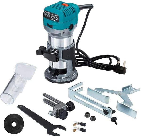 Palm Router Trimmer Woodworking Joiners Tool, Compact Wood Router Hand Trim Router with Trimmer Base, Straight Guide, Trimmer Guide,Template Guide,2 Collets 1/4"(6.35mm) and 3/8" etc.