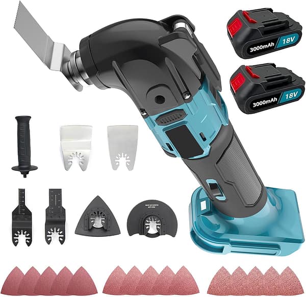 Brushless Oscillating Multi-Tool with 2X 3000mAh Battery, Cordless Multi-Tool with 5 Scenarios, 6 Variable Speeds, Quick-fit Blade Design, 4°Oscillation Angle, 22pcs Accessories Oscillating Kits