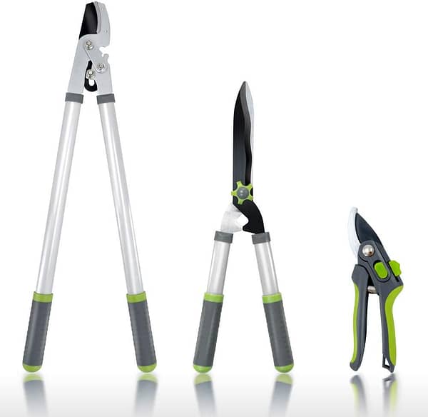 Hortem Garden Shears Set with 28" Tree Loppers Heavy Duty, 23" Professional Hedge Clippers, 8" Sharp Pruning Shears as Tree & Shrub Care Kit