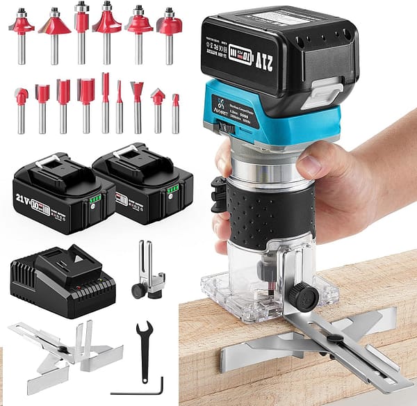 Avhrit Cordless Compact Wood Router, 21V Wood Router Tool with 2PCS 4.0Ah Batteries, Brushless Portable Handheld Palm Routers for Woodworking, Wood Trimmer Cutting with 15 Pieces 1/4" Router Bits Set