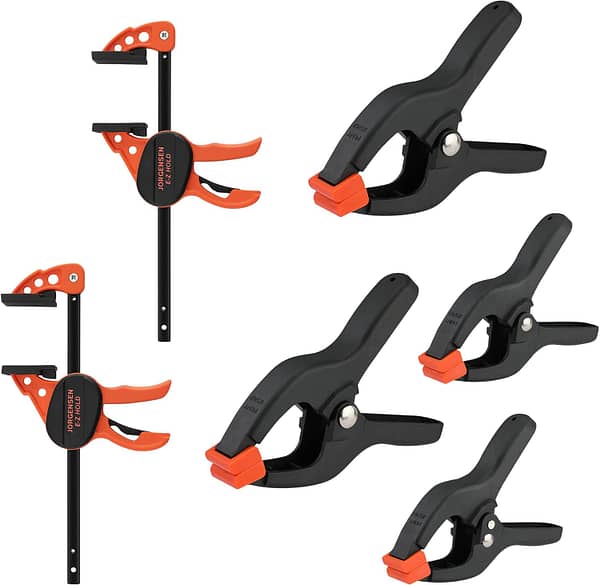 Jorgensen Mini Clamp Set 6PC, 2PC Bar Clamps & 4PC Spring Clamps, 4-Inch Wood Clamps One-Handed, Plastic Nylon Clamps 1-Inch/2-Inch, Ideal for Woodworking and DIY Projects
