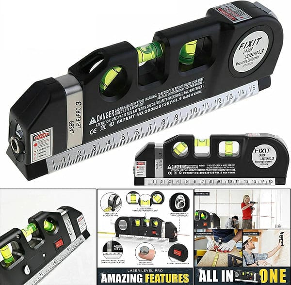 UK-TECH 3 in 1 Laser Level - Vertical Horizon Measuring Tape – Standard Spirit Level – Metric Rulers – Multipurpose Aligner